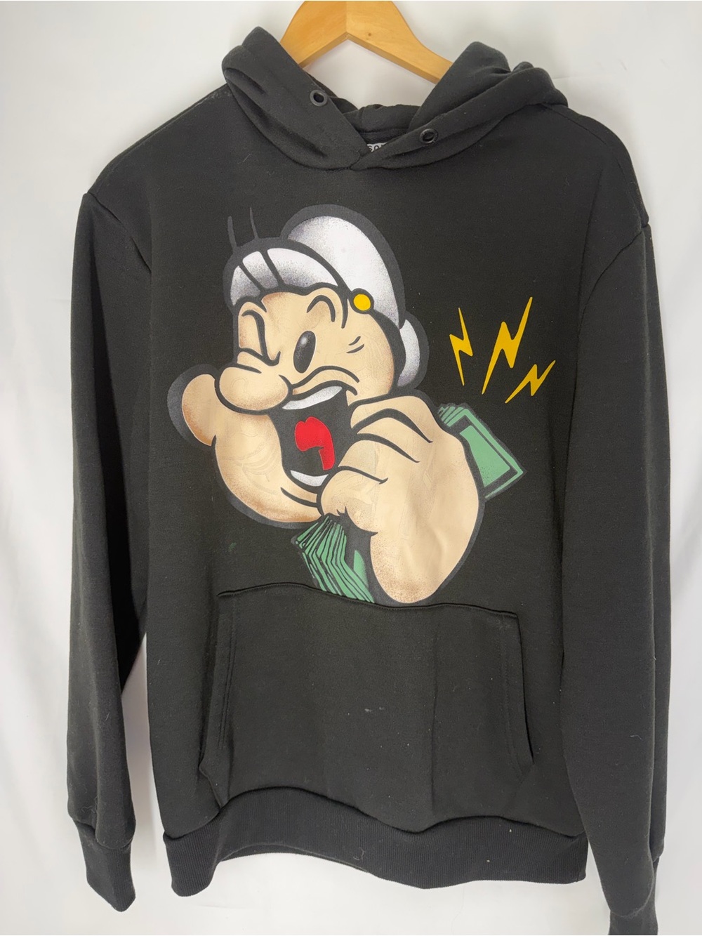 Reason x Popeye Hoodie Mens Medium Black Hip Hop Streetwear Stack Money Graphic